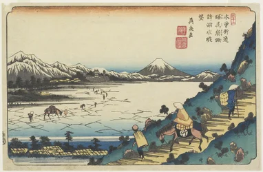 Nr.31: Udsigt over Suwa-søen set fra Shiojiri-passet, 1835-1836